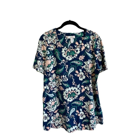 DENIM & COMPANY, WOMENS PULLOVER TOP. NAVY BLUE PAISLEY, SHORT SLEEVE. SIZE M - Picture 1 of 5